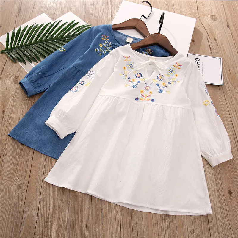 

Baby Girls Dress Kids Embroidery Floral Cotton Dress Princess Cowboy Dress One-piece Kids Clothes Long Sleeve Girls Dress