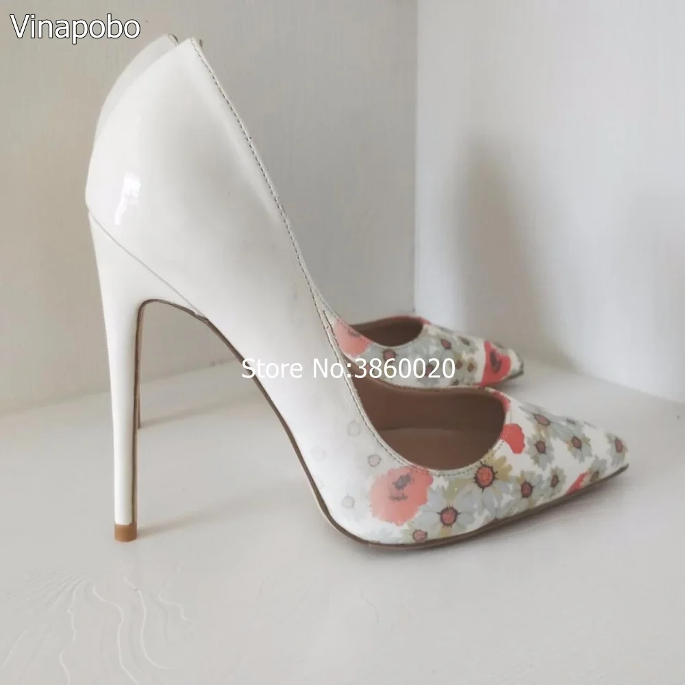 

Sexy pumps white Colorful Flower printed women high heels slip-on pointed toe female dress shoes stiletto single shoes size 43