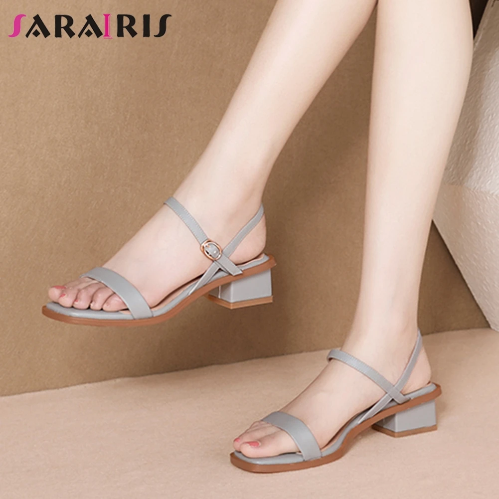 

SARAIRIS Genuine Cow Leather Hot Sale Buckle Strap Summer Sandals Woman Shoes Chunky Heels 3 Colors Casual Shoes Woman Sandals