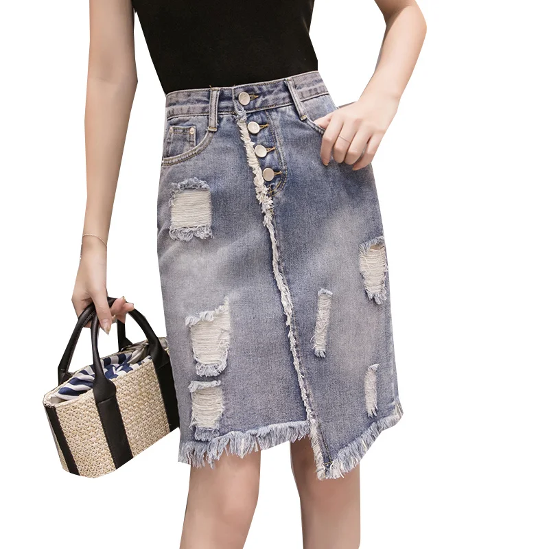 Новинка, однобортная джинсовая юбка с высокой талией, одноцветная, неровная, с дырками, сексуальная джинсовая юбка, женская, средней длины, весенняя, летняя юбка