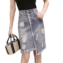 Новинка, однобортная джинсовая юбка с высокой талией, одноцветная, неровная, с дырками, сексуальная джинсовая юбка, женская, средней длины, весенняя, летняя юбка