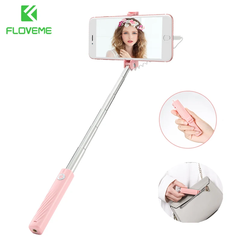

FLOVEME Mini Wired Selfie Stick For iPhone 7 8 Plus X XS Max XR Extendable Pau De Palo Selfie Stick Monopod For Camera Lighting