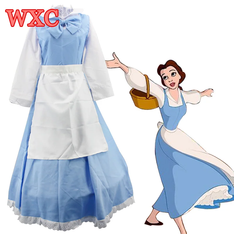 Adult Princess Belle Costume Beauty and The Beast Blue Maid Fancy Cosplay Dress