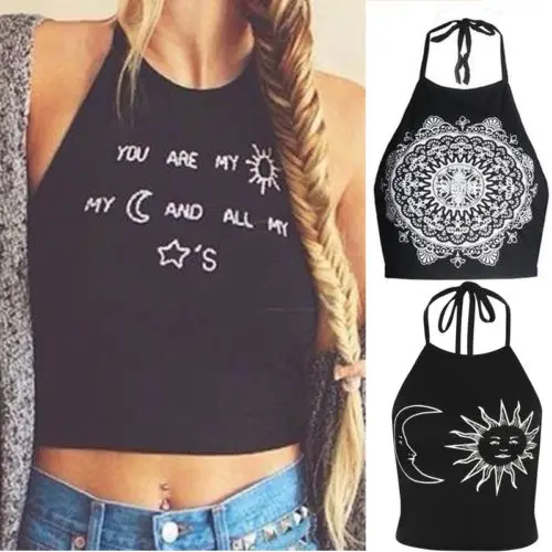 

2018 New Fashion Hot Sexy Women Bandage Casual Sleeveless Halter Crop Vest Tank Top Casual Shirt Print Tops
