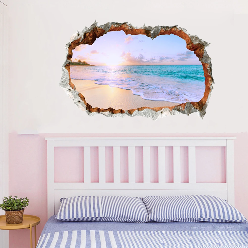 3D эффект пробить через стену стикер морской океан переводная картинка с пляжем декор гостиной