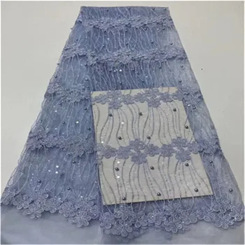 

African Lace Fabric sky blue 2019 High Quality Lace Nigerian Lace Fabric With beads sequins Tulle French Lace For Women Dress