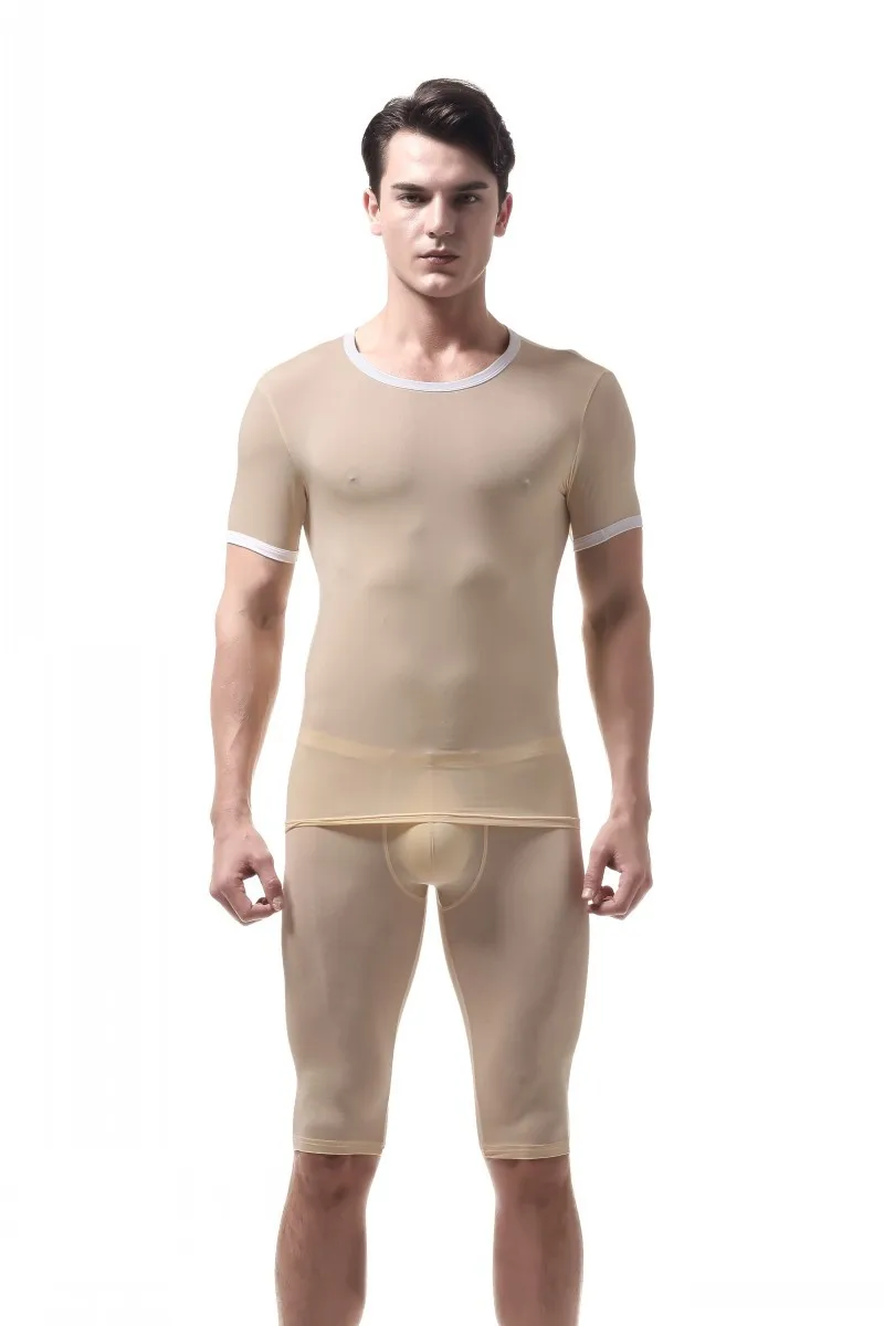 Пикантные для мужчин майка s синглет комплект короткий рукав Slim Fit футболки шорты для женщин Тонкий спандекс Гей Мужской Workou футболк - Цвет: Nude