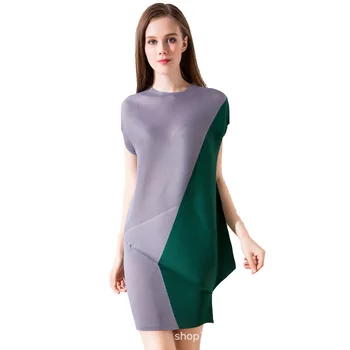 

2019 New Irregular Women's Original Design Simple Loose Pleated Green Stitching Slim Dress Plus Size Women Party Dress