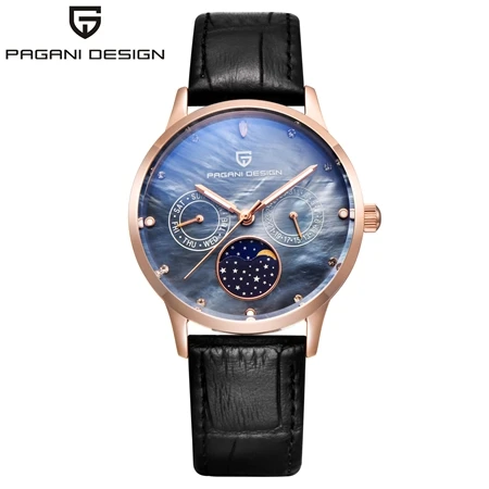 Женские модные часы Moon Phase PAGANI Дизайн Топ люксовый бренд Звездный календарь циферблат Элегантные женские кожаные кварцевые часы reloj mujer - Цвет: blue gold