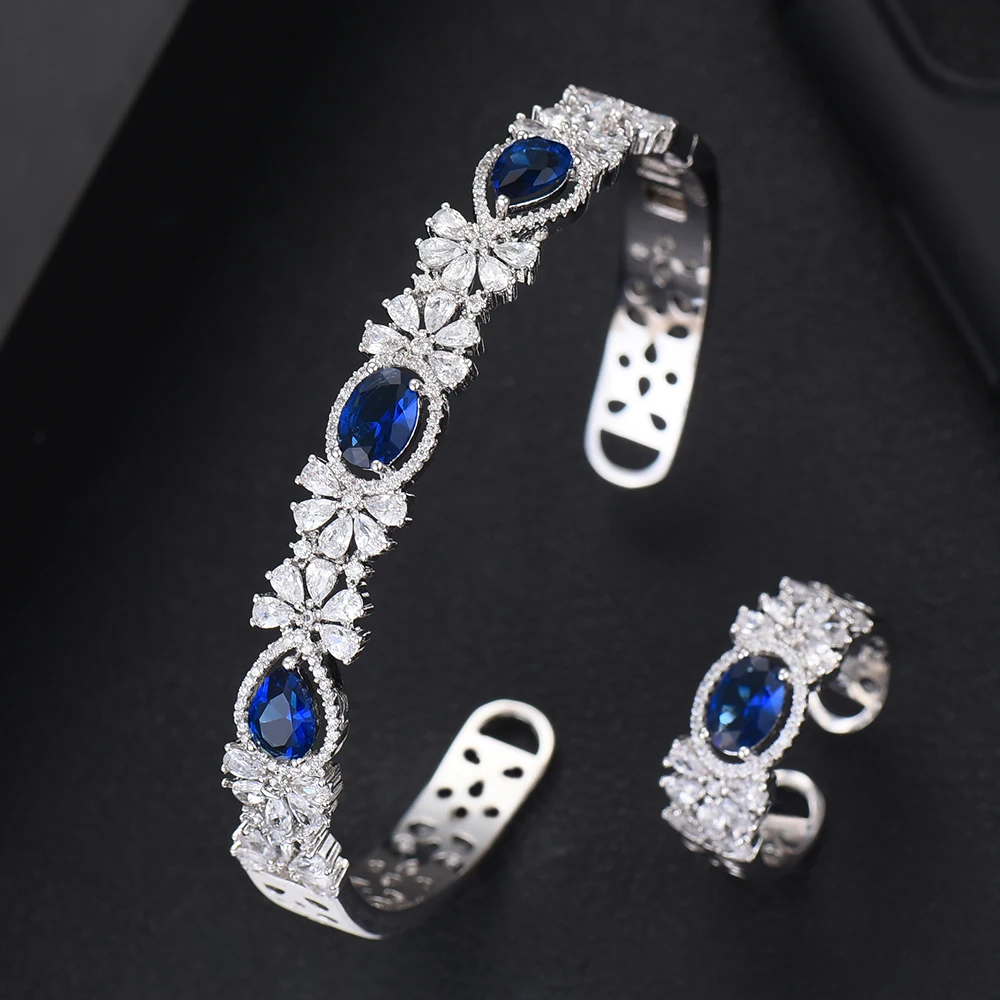 GODKI, роскошный цветок, Саудовская Аравия, браслет, серебряное кольцо, набор ювелирных изделий для женщин, свадебные, Обручальные, brincos para as mulheres