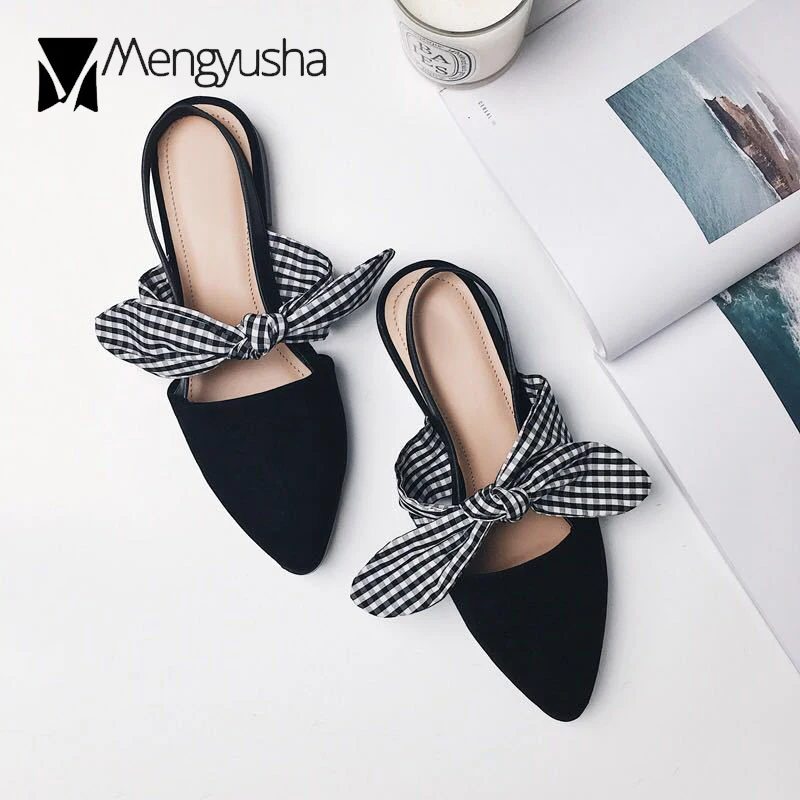 

high quality suede leather summer shoes woman pointed toe sandals brand plaid bowtie gladiator sandalias mujer women mules c392