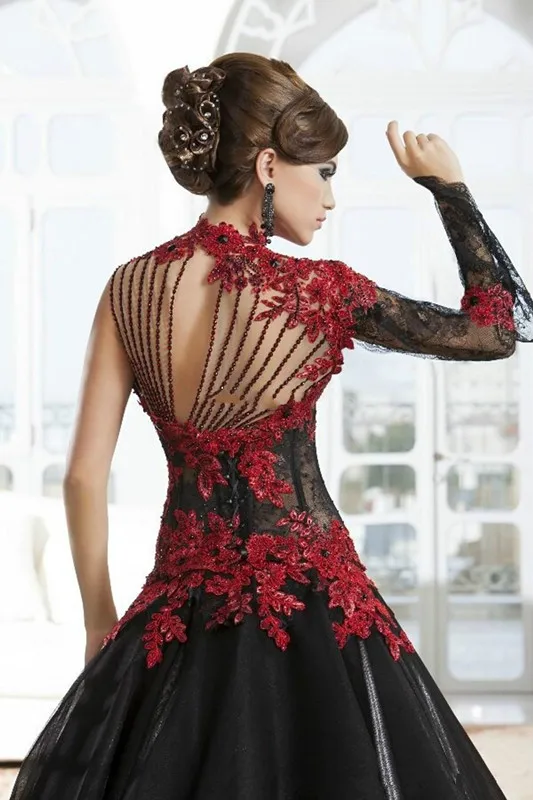 Винтажная черно-красная викторианская готика, свадебные платья, карнавальный на Хэллоуин, свадебные платья с высоким воротом и длинными рукавами