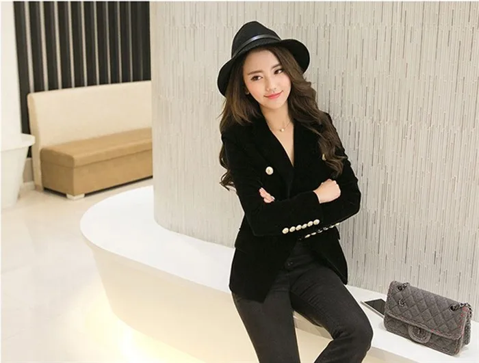 2016 New Spring Fashion Women Midnight Navy Slim Velvet Blazer Jacket Double Breasted simple Lady Blazers (10)