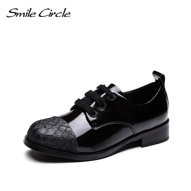 

smile circle Oxford Patent leather flats women for shoes casual Simple fashion Round toe Lace-Up platform Spring Female shoes