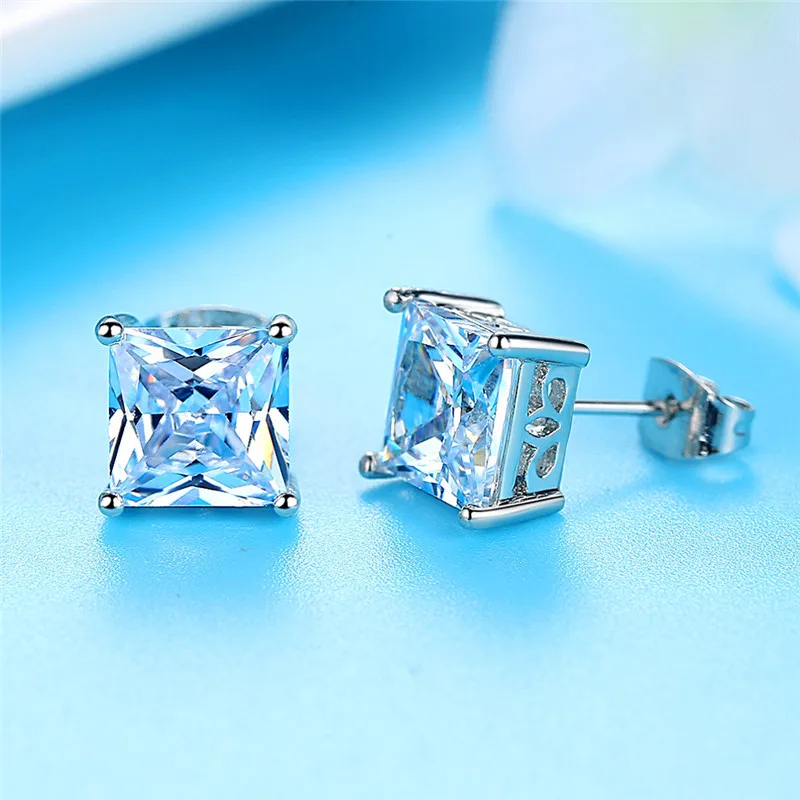 4/5/6/7MM Princess Cut Crystal Square Stud Earrings For Women Men Silver Rose Gold Color Black CZ White Blue Fire Opal Earrings