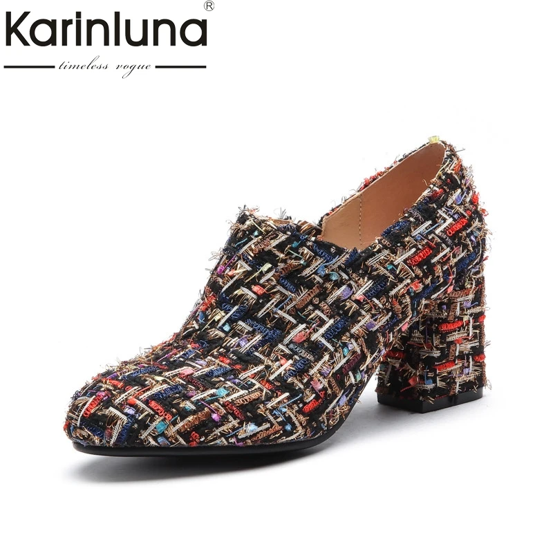 

KarinLuna Women's Roman Style Chunky High Heel Shoes Woman New 2018 Slip On Round Toe Less Platform Pumps Big Size 33-43