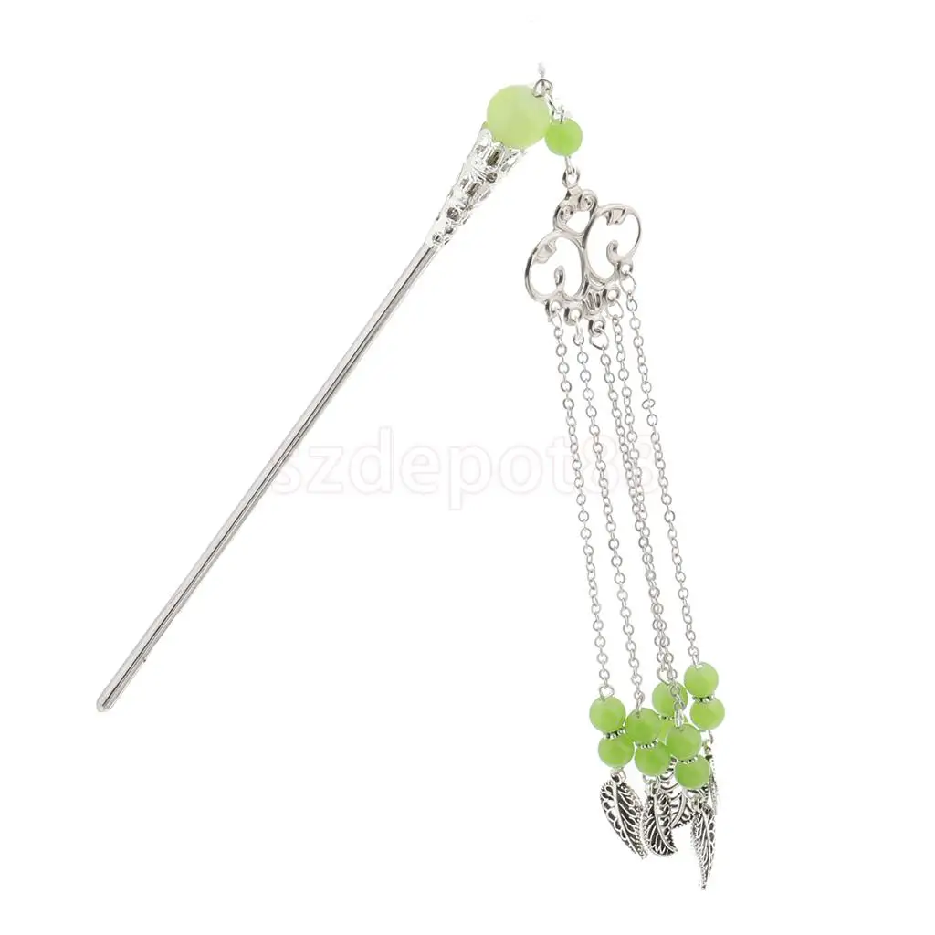 Solid Metal Tasel with Beads Stick Pin Hanfu Dress Ancient Chinese Cosplay Drama Girls Cute Hair Pin
