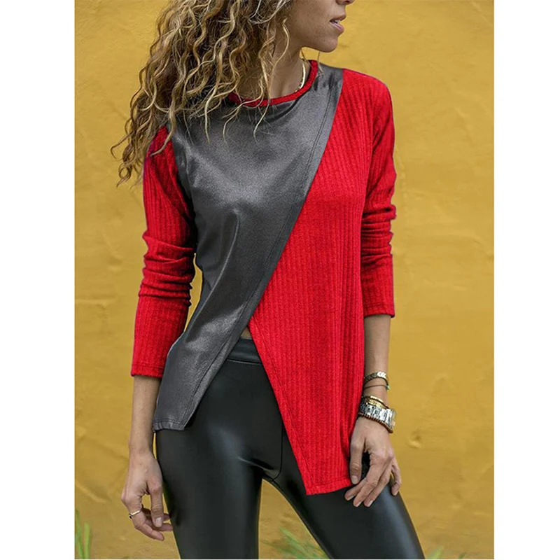 

Women Clothing Patchwork PU O Neck Long Sleeve Casual Irregular Loose T-shirt Female European Style Fashion Top Tees SJ3555M