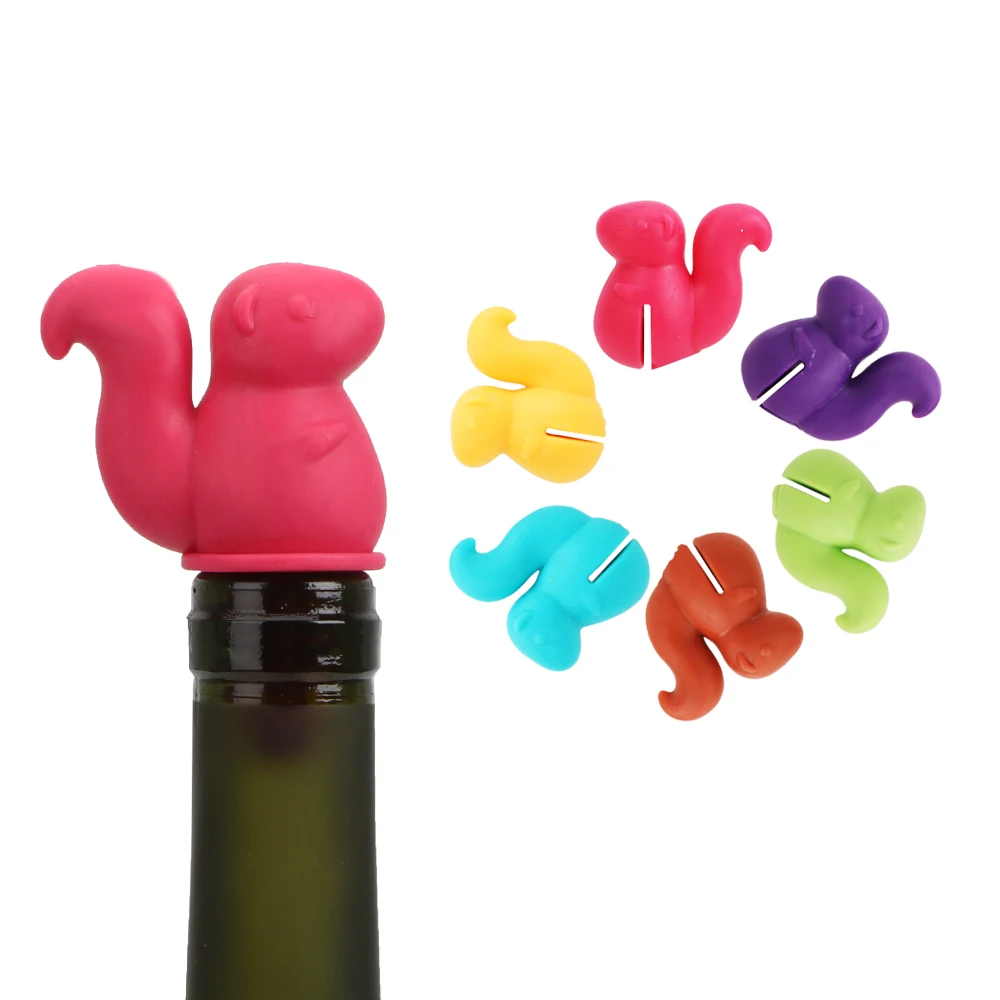 HILIFE Drink Cup Silicone Marker Cute Squirrel Shape Wine Bottle Stopper Rubber Wine Glass Label Wine Cork Plug 7 pcs/set