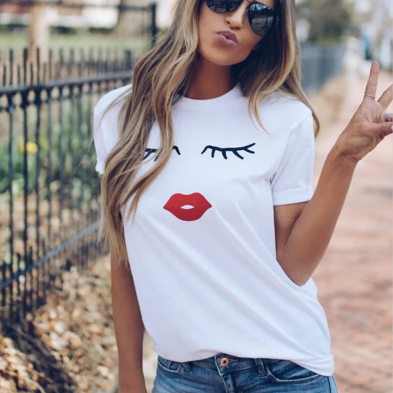 

Pretty and Cute Eye Lashes Red Lips Print Women T Shirt Summer Casual Short Sleeve O Neck T-shirt Ladies White TShirt Tops