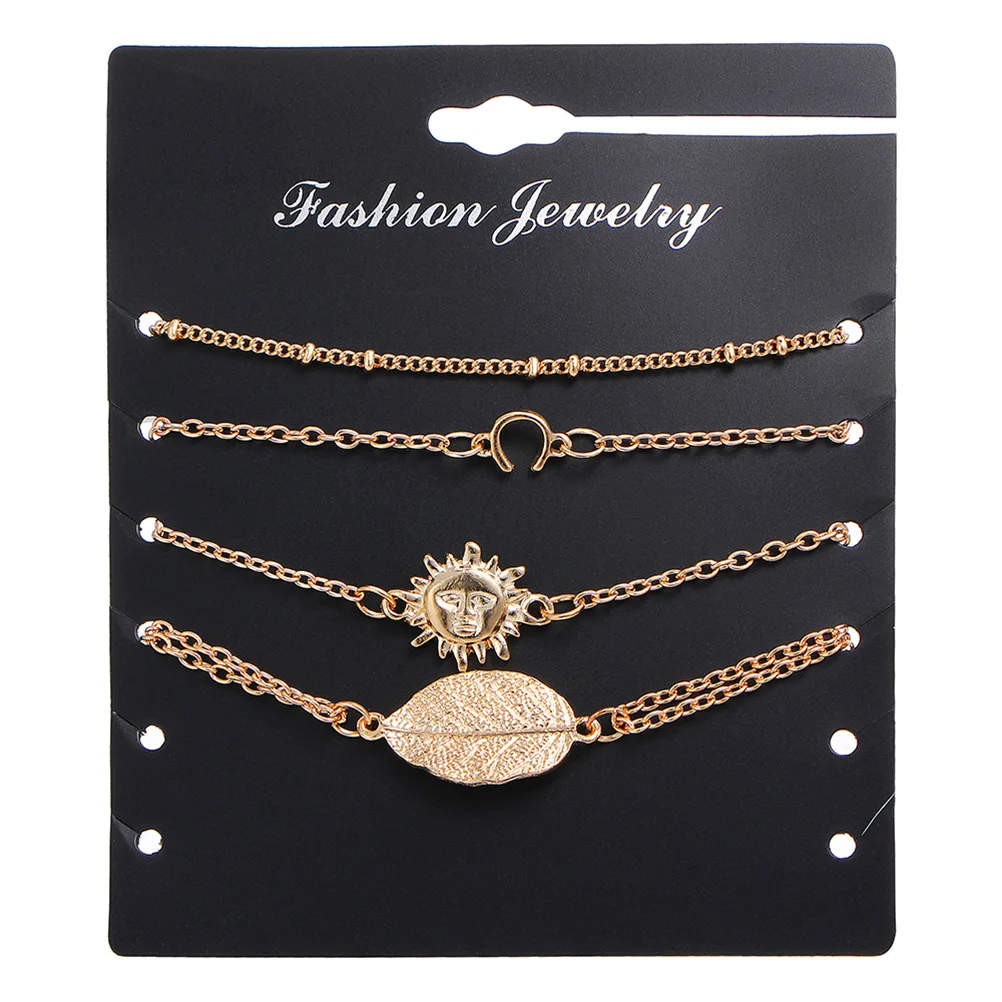 

4pcs/Set Women Bracelets Anklets Set Simple Stylish Chains of Sun and Leaf Bracklet & Anklet Jewelry Accessories