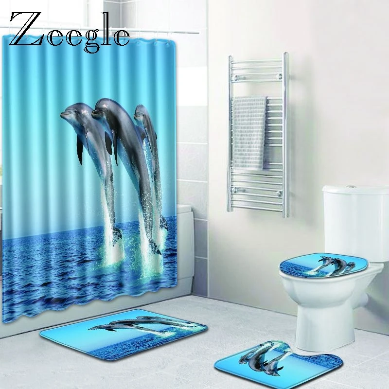 Zeegle коврик для ванной с рисунком дельфина для ванной комнаты с занавеской для душа 4 шт. крышка для унитаза коврики для ванной комнаты микрофибра коврик для туалета