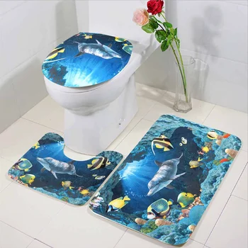 

3Pcs Bathroom Carpet Anti Slip Bathroom Underwater World Washable Non-Slip Carpet Toilet Seat Cover Pedestal Rug Bath Mat Set