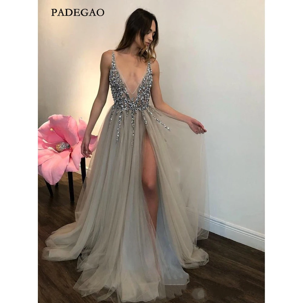 Long Backless Grey Sexy Prom Dresses with Slit Rhinestone See Through Evening Gowns-1