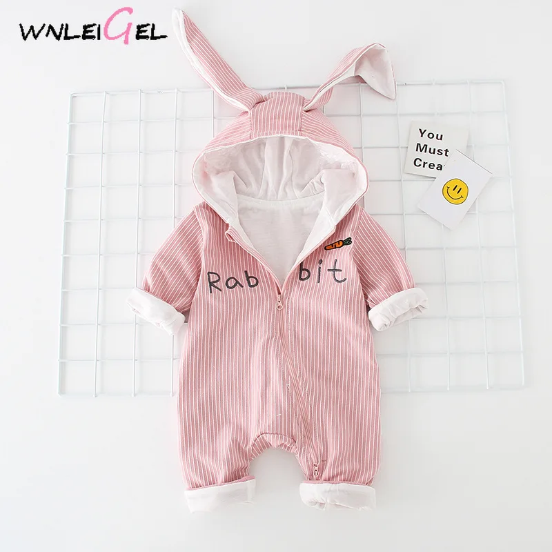 

WLG baby boys girls spring rompers toddler hooded rabbit style striped romper newborn cotton costume 6-24M