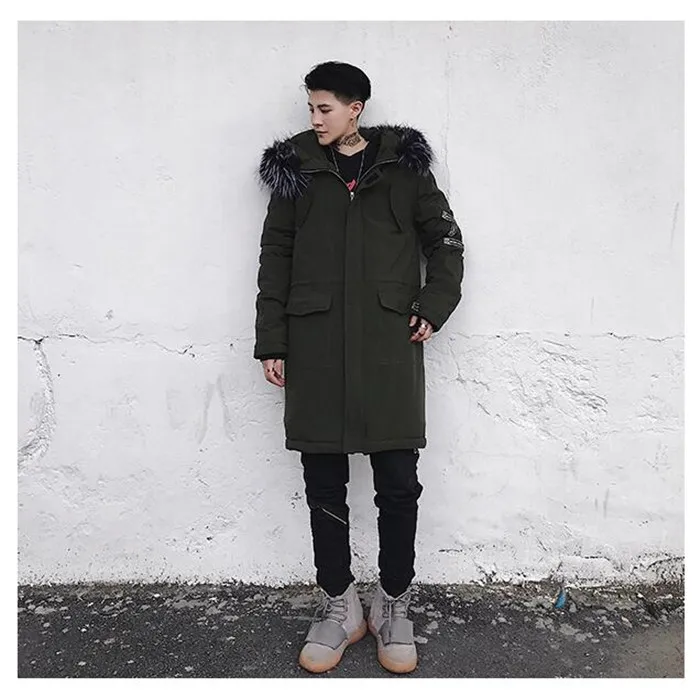 Новинка 2019, зимняя куртка в стиле хип-хоп, мужские пальто с капюшоном и меховым воротником, парки, уличная плотная ветровка средней длины