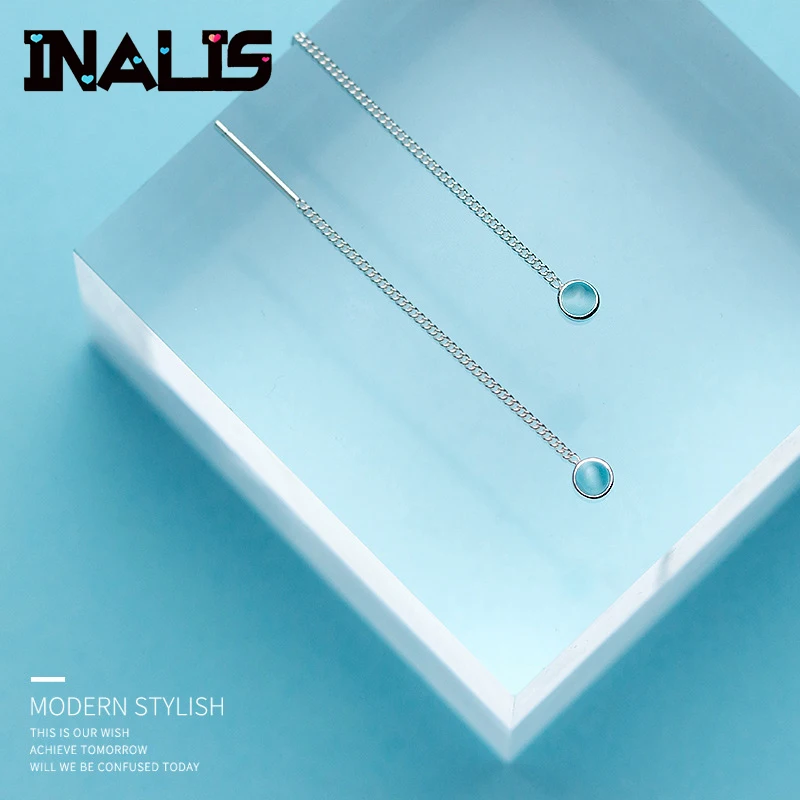 

INALIS new hot fashion long long chain earrings S925 sterling silver high jewelry light blue crystal pendant earrings accessorie