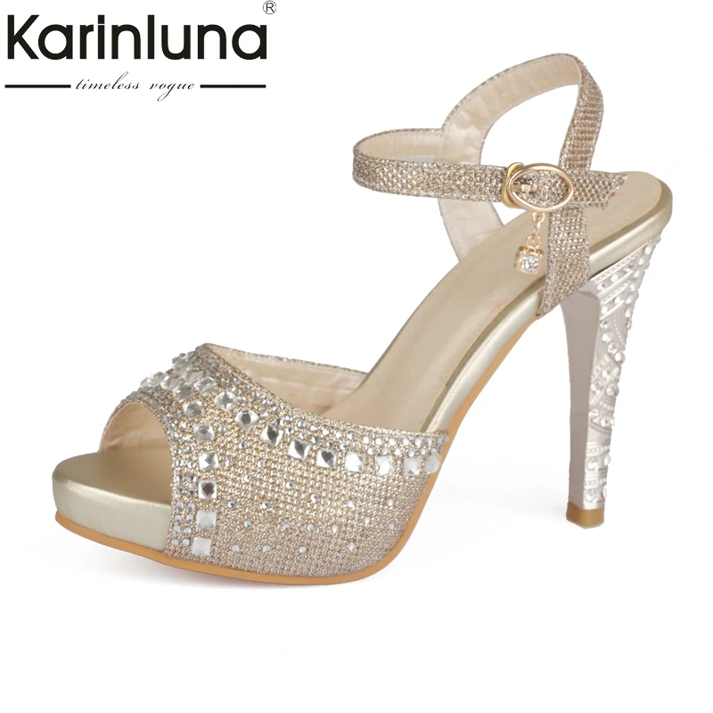 KARINLUNA/ г. босоножки на высоком каблуке-шпильке высокого качества, большие размеры 33-43 женские вечерние свадебные туфли с открытым носком и ремешком с пряжкой