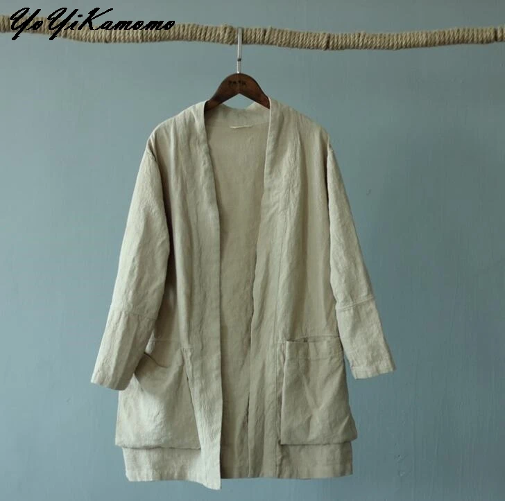

Women Vintage Trench Autumn 2018 New Cotton Linen Soft Pocket Long Solid Color Cardigan Loose Casual Ladies Tops