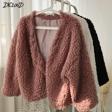 Осенний Свободный теплый кардиган из искусственного меха, Женская мода, длинный рукав, v-образный вырез, овечья шерсть, пальто для женщин, Harajuku, Повседневная Свободная зимняя верхняя одежда