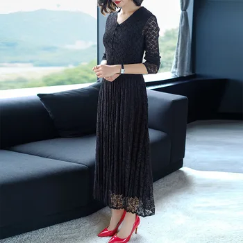 

Lace Dress Autumn Women 2018 New Ladies Fashion Slim Long Pleated Long Sleeve Solid Vintage Elegant Dress