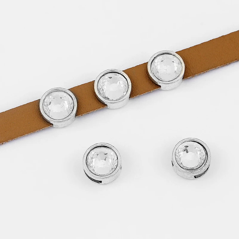 

10pcs Antique Silver 10x2mm Rhinestone Crystal Slider Spacer For 5mm 10mm Flat Leather Cord