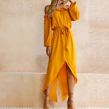 Асимметричное Женское Платье макси с открытыми плечами, с вырезом лодочкой, желтое пляжное женское платье, лето, на шнуровке, сексуальная женская одежда