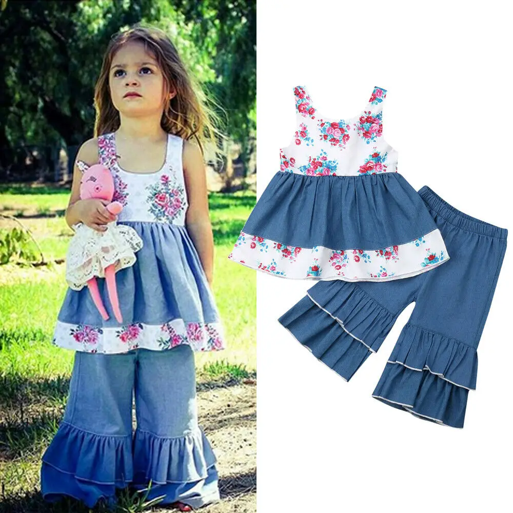 

Fashion 2PCS Toddler Kids Baby Girl Summer Clothes Denim Ruffle Sleeveless Floral Tops Skirts Pants Jeans Princess Outfits Set