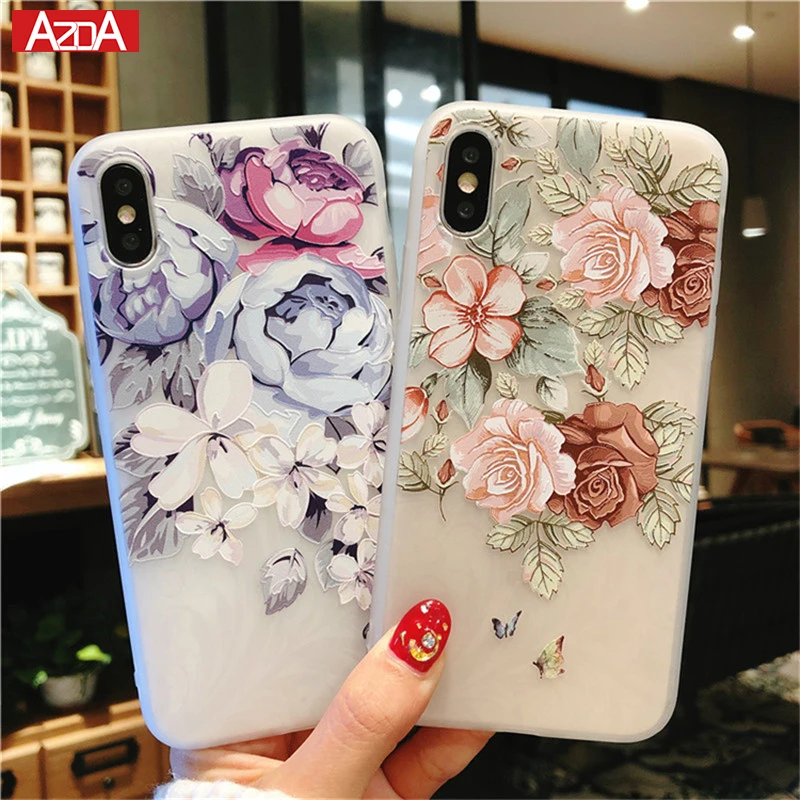 Durable Fashion Luxury Soft 3D Relief Flower Phone Case for iPhone X Clear Rose Floral Case for