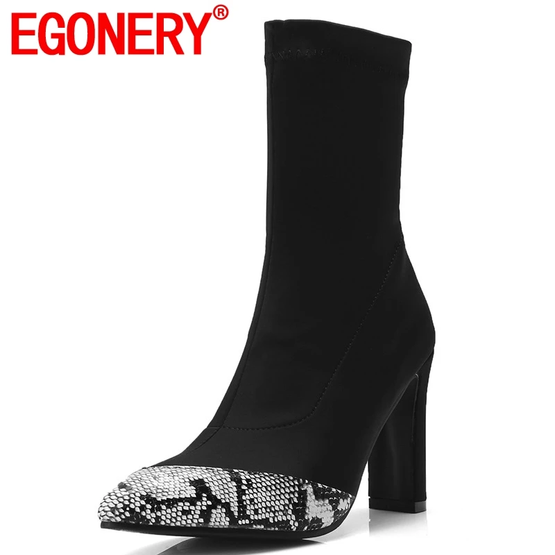 

EGONERY 2019 winter new mixed colors fashion ankle boots super high strange style pointed toe slip-on black and pink women shoes