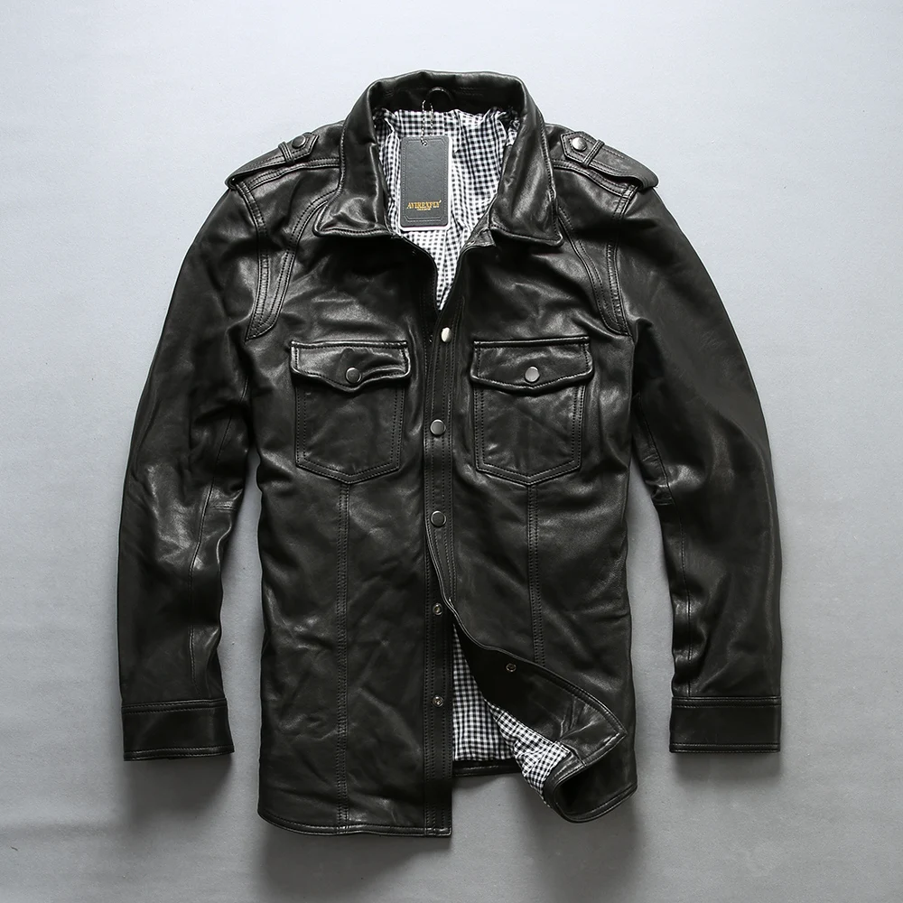 Мужская приталенная повседневная кожаная куртка с двумя карманами, черная тонкая кожаная рубашка с погоном, настоящая рубашка из овчины для мужчин - Цвет: Черный