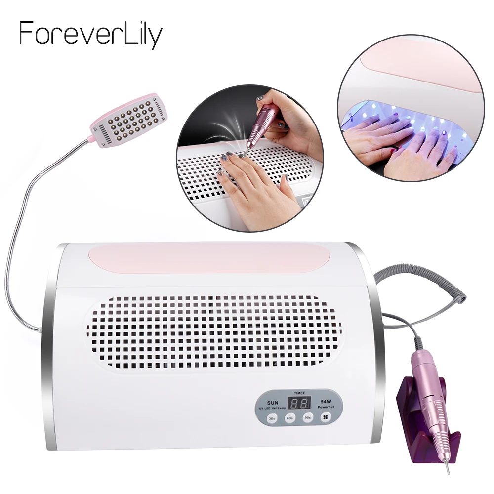 

54W Nail LED UV Lamp Vacuum Cleaner Suction Dust Collector 25000RPM Drill Machine Pedicure Remover Polish Tools With Desk Lamp