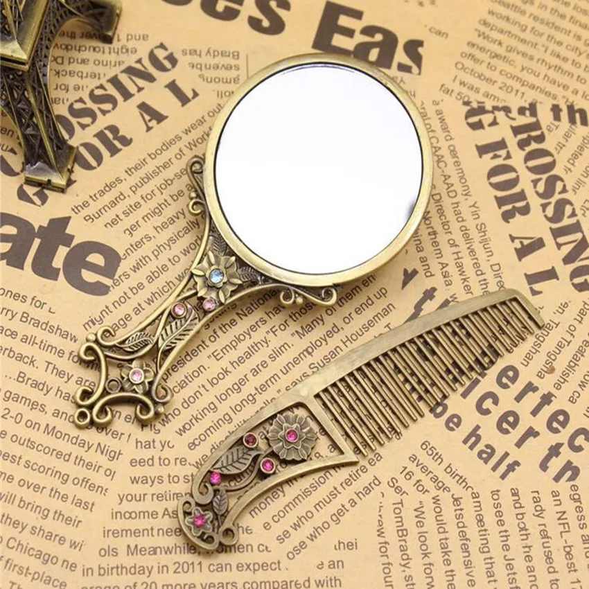 Классический Бронзовый Цвет maquillaje espejo ретро металлический цветок с кристаллом портативное зеркало и Расчёска в комплекте зеркало для макияжа винтажное косметическое зеркало