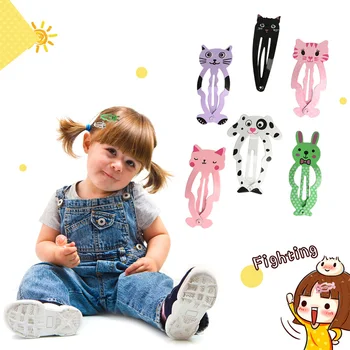 

6 Pcs/set Cute Cartoon Animal Hair Clips Girls Hair Accessories Print Cat Rabbit Metal Snap Hairpins Kids Gift