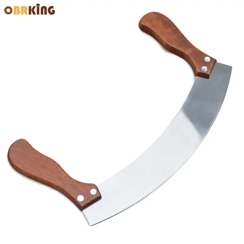 

OBRKING Stainless Steel Nougat Cutter Double Wooden Handle Chopping Cutter Rocker Blade Vegetable Herb Pizza Knife Baking Tool