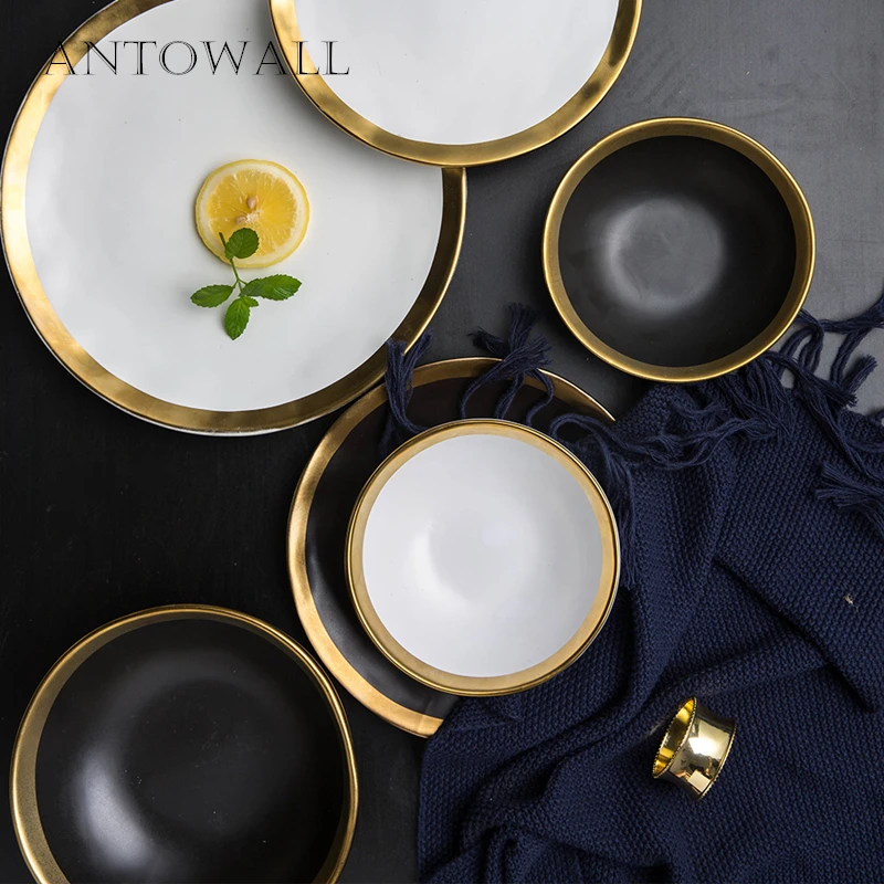 ANTOWALL European Tableware Black White Ceramic Gold Edge Dinner Set