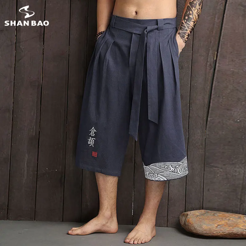 SHANBAO brand original Chinese style embroidery cotton fashion loose harem pants summer men's straight wide leg pants K1617