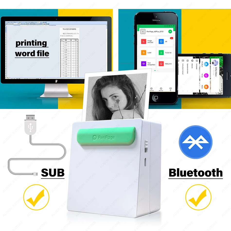 

NEW upgrade portable printer USB/Bluetooth Thermal Printer Photo Picture Mini Printer iOS/Android and Windows