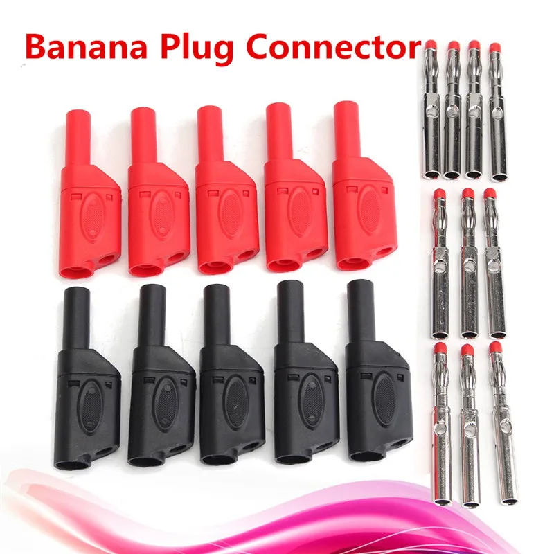 HOT SELLING 10Pcs 4MM Banana Plug Connector Red Black Safety Fully Insulated Male Stackable Connectors