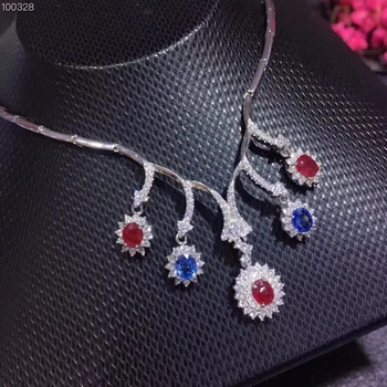 

Natural blue sapphire Necklace natural red ruby Pendant Necklace S925 silver women Fashion Tree branch Water drop gift Jewelry